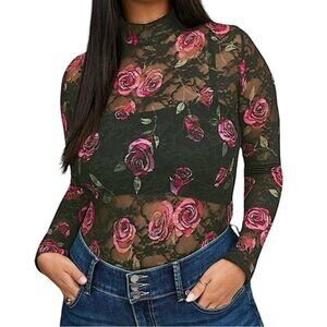 TORRID Sheer Stretch Lace Mock‎ Neck Long Sleeve Top NWT